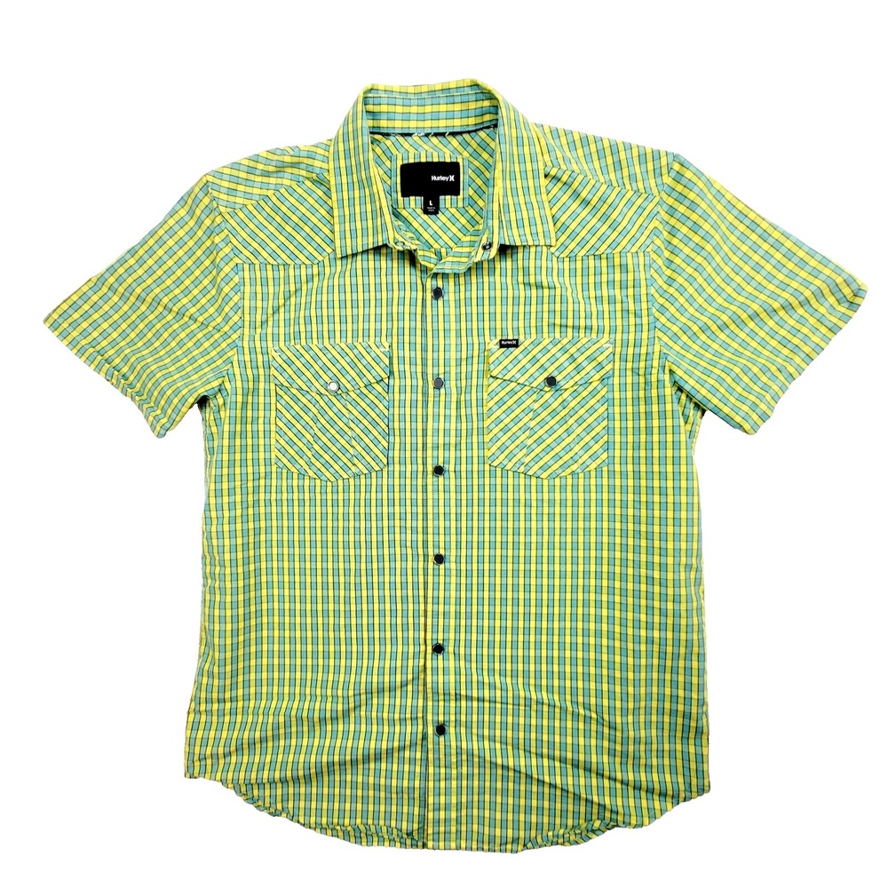 Hurley Mens Shirt Yellow Blue L Plaid Short Sleeve Collared Snap Button‎